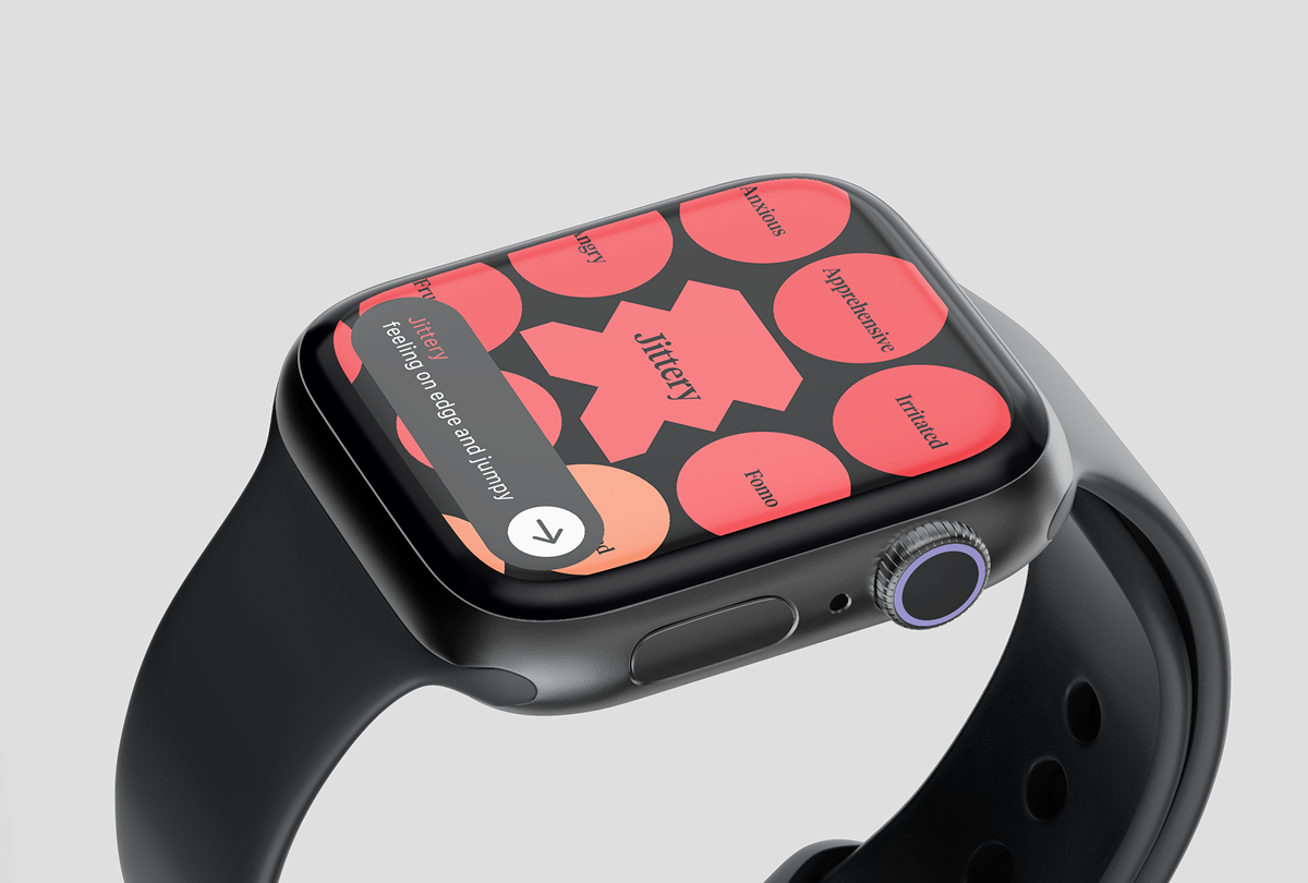 How We Feel app rendered on Apple Watch showing emotion bubbles