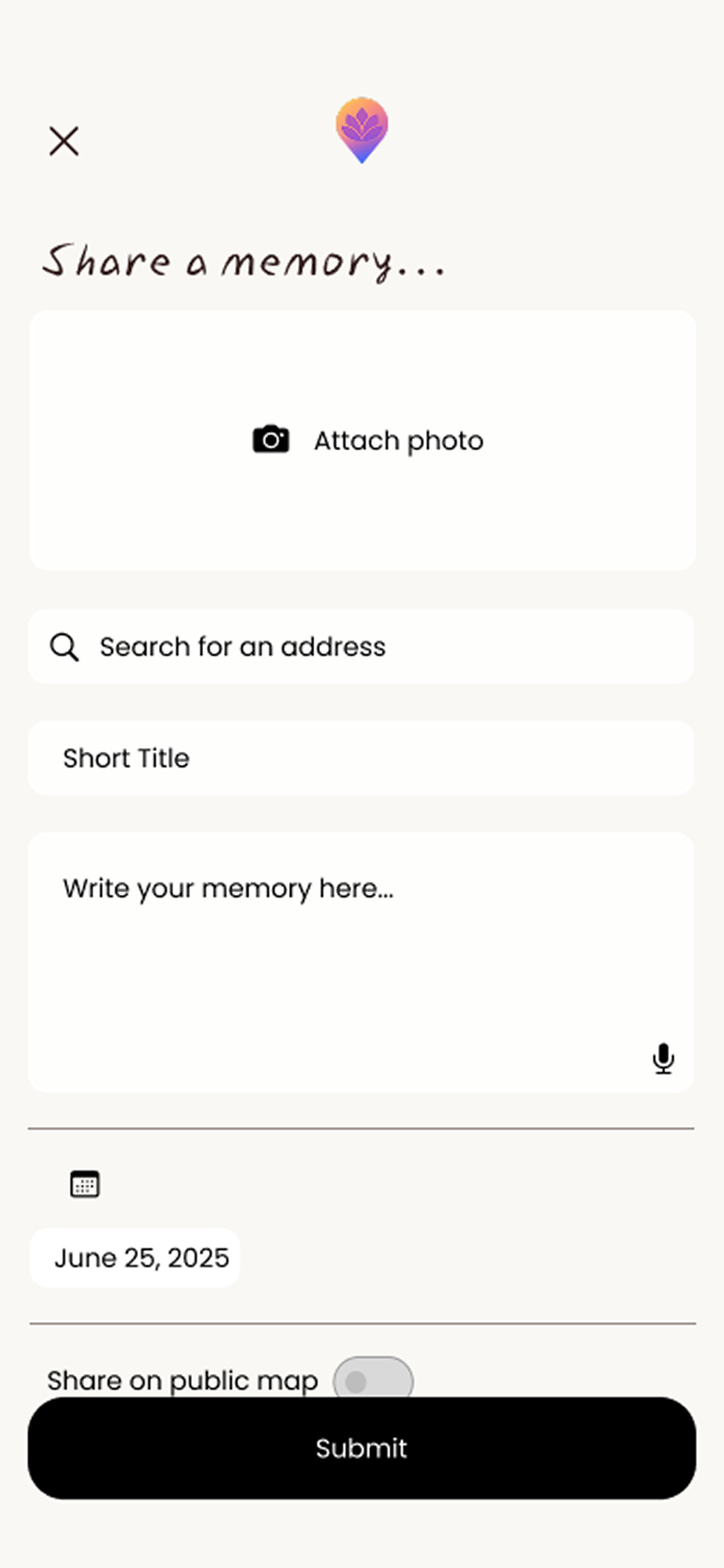 Share a memory form — empty state
