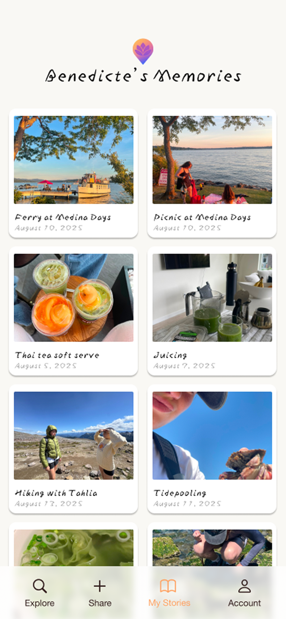 My Stories grid showing saved memories